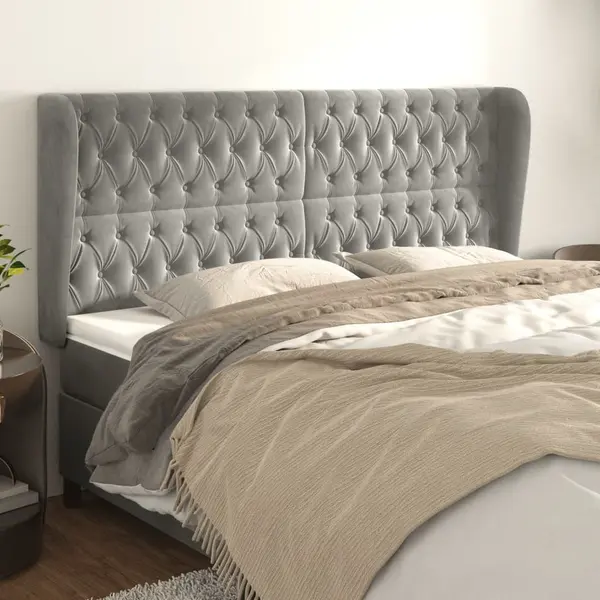Gossi tablie de pat cu aripioare gri deschis 203x23x118/128cm catifea