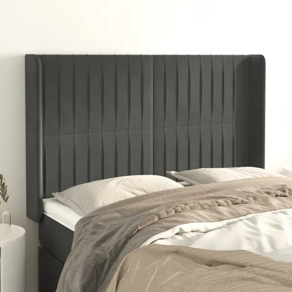 Gossi tablie de pat cu aripioare gri inchis 147x16x118/128 cm catifea