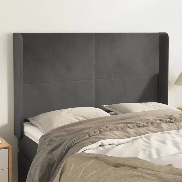 Gossi tablie de pat cu aripioare gri inchis 147x16x118/128 cm catifea
