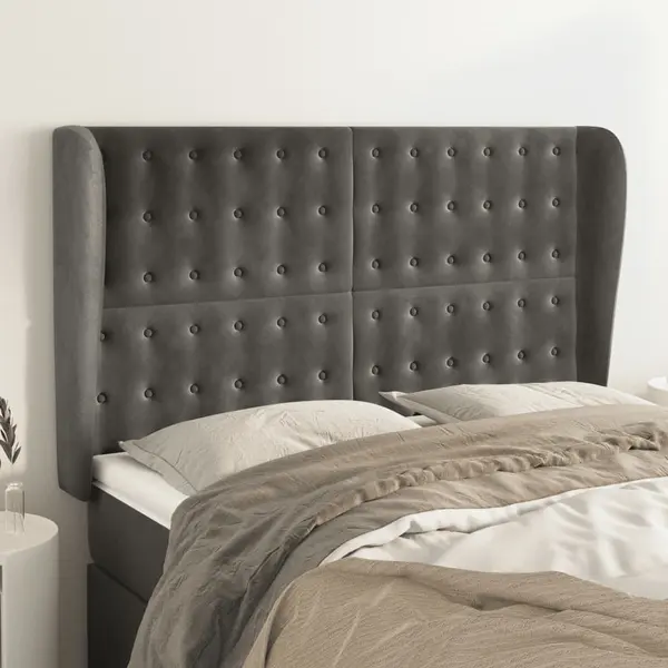 Gossi tablie de pat cu aripioare gri inchis 147x23x118/128 cm catifea