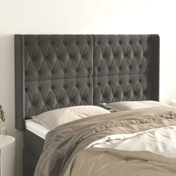 Gossi tablie de pat cu aripioare gri inchis 163x16x118/128 cm catifea