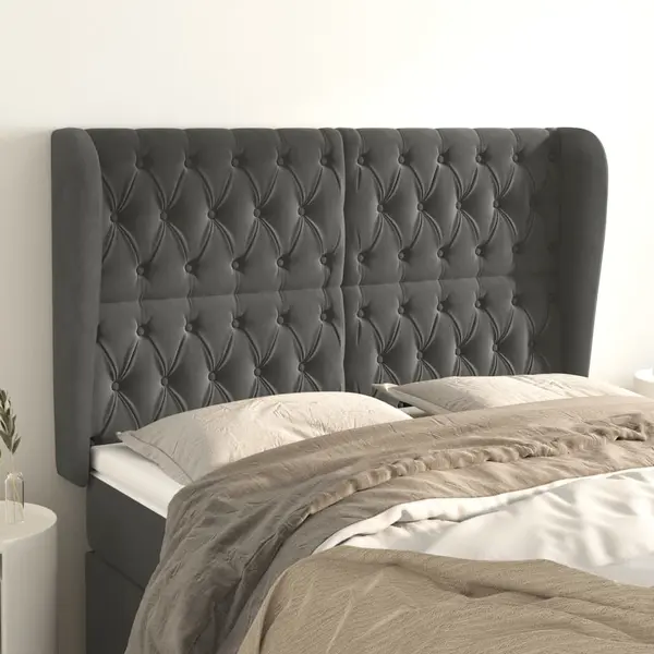 Gossi tablie de pat cu aripioare gri inchis 163x23x118/128 cm catifea