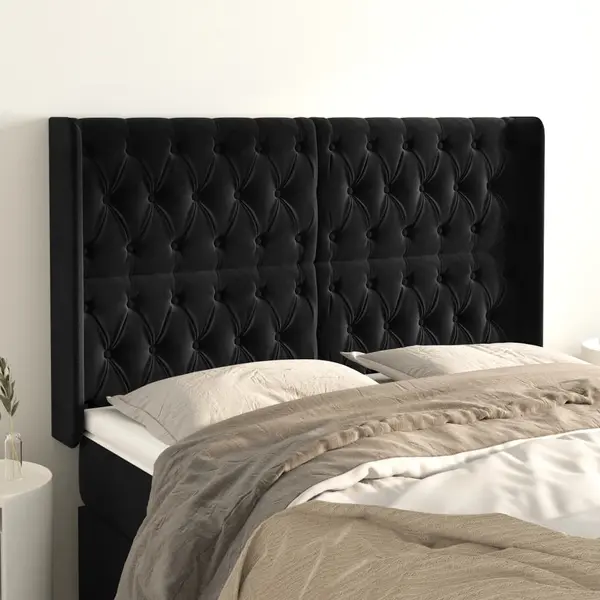 Gossi tablie de pat cu aripioare, negru, 147x16x118/128 cm, catifea