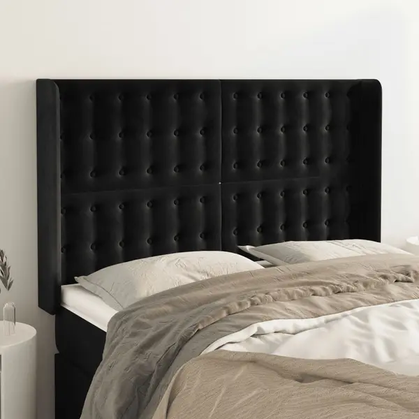 Gossi tablie de pat cu aripioare, negru, 147x16x118/128 cm, catifea