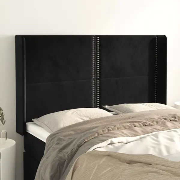 Gossi tablie de pat cu aripioare, negru, 147x16x118/128 cm, catifea
