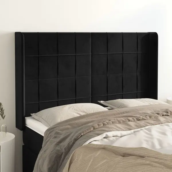 Gossi tablie de pat cu aripioare, negru, 147x16x118/128 cm, catifea