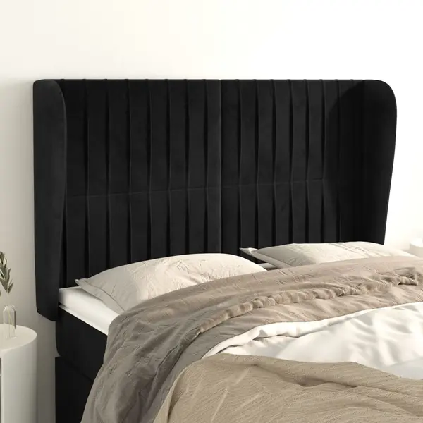 Gossi tablie de pat cu aripioare, negru, 147x23x118/128 cm, catifea