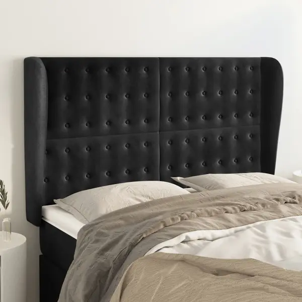 Gossi tablie de pat cu aripioare, negru, 147x23x118/128 cm, catifea