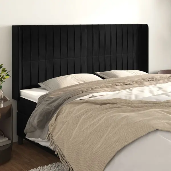 Gossi tablie de pat cu aripioare, negru, 163x16x118/128 cm, catifea