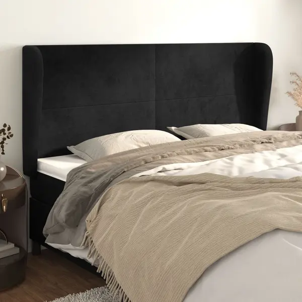 Gossi tablie de pat cu aripioare, negru, 163x23x118/128 cm, catifea
