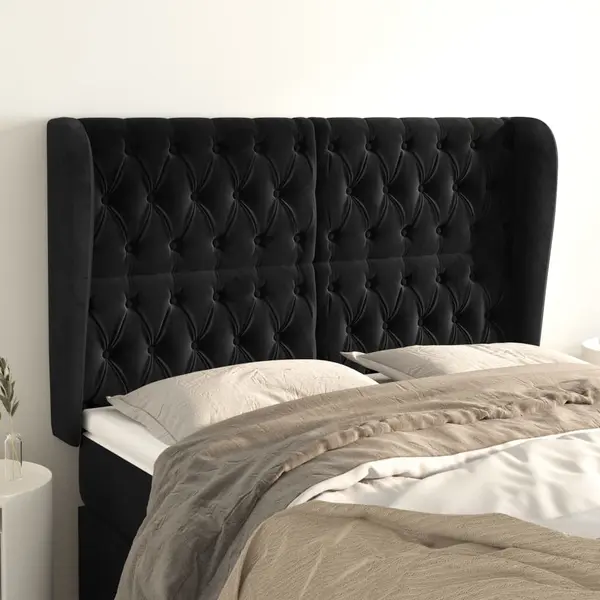 Gossi tablie de pat cu aripioare, negru, 163x23x118/128 cm, catifea