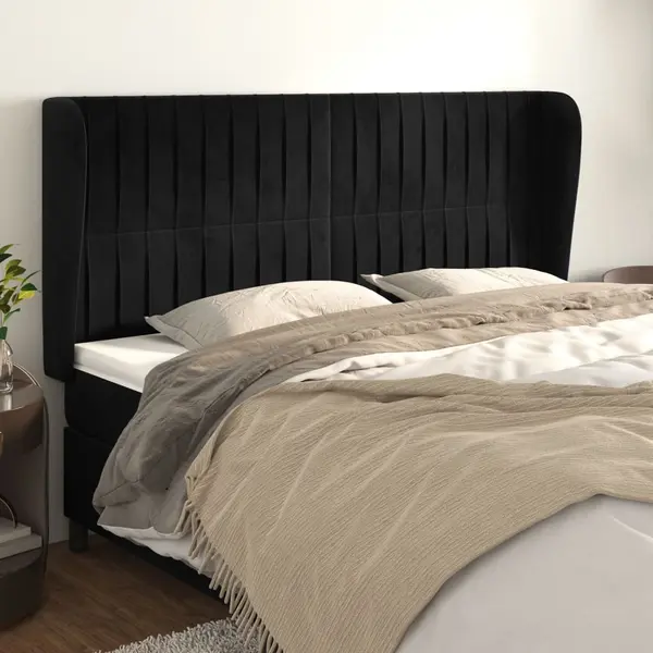 Gossi tablie de pat cu aripioare, negru, 163x23x118/128 cm, catifea