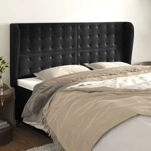 Gossi tablie de pat cu aripioare, negru, 163x23x118/128 cm, catifea