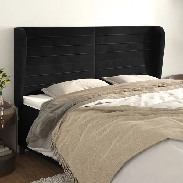 Gossi tablie de pat cu aripioare, negru, 163x23x118/128 cm, catifea