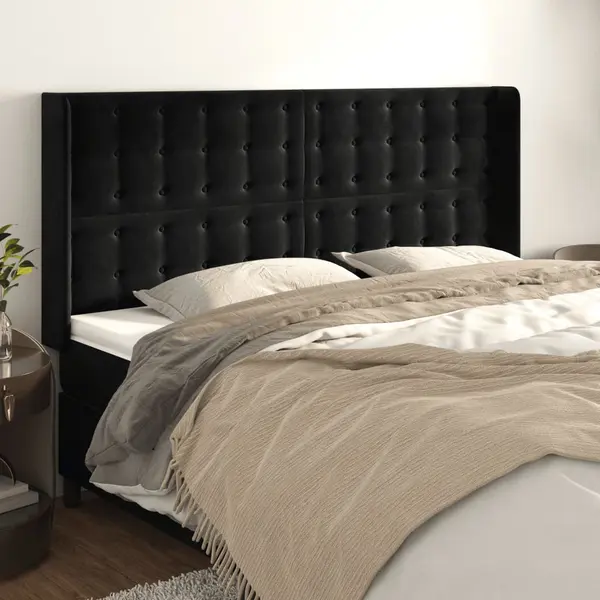 Gossi tablie de pat cu aripioare, negru, 183x16x118/128 cm, catifea
