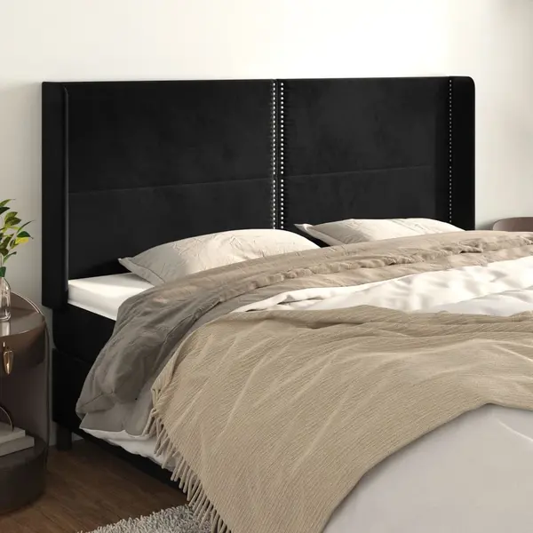 Gossi tablie de pat cu aripioare, negru, 183x16x118/128 cm, catifea