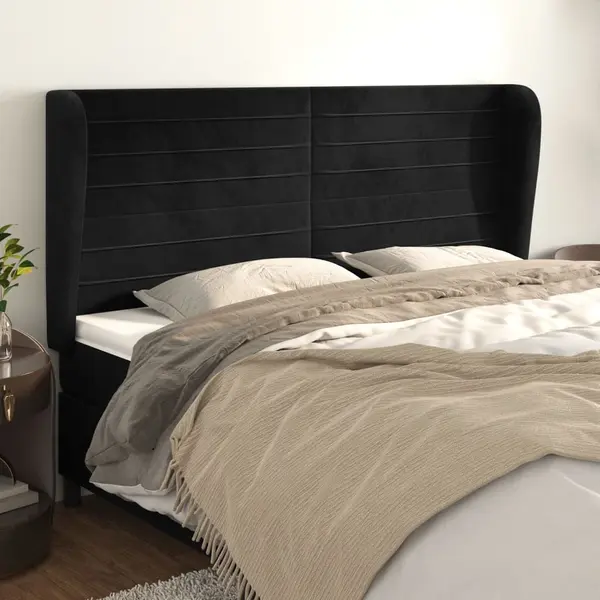 Gossi tablie de pat cu aripioare, negru, 183x23x118/128 cm, catifea