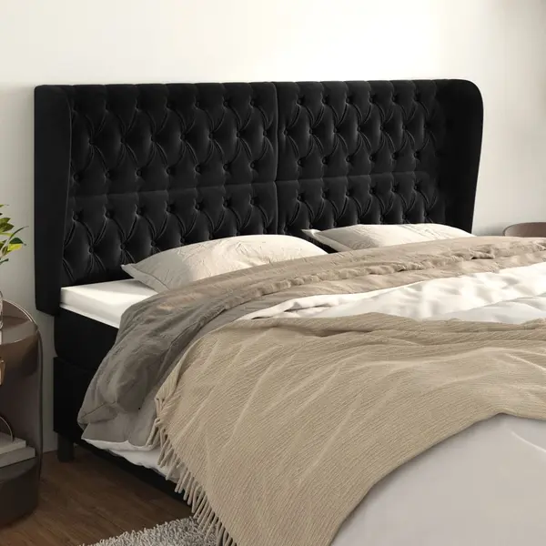 Gossi tablie de pat cu aripioare, negru, 183x23x118/128 cm, catifea