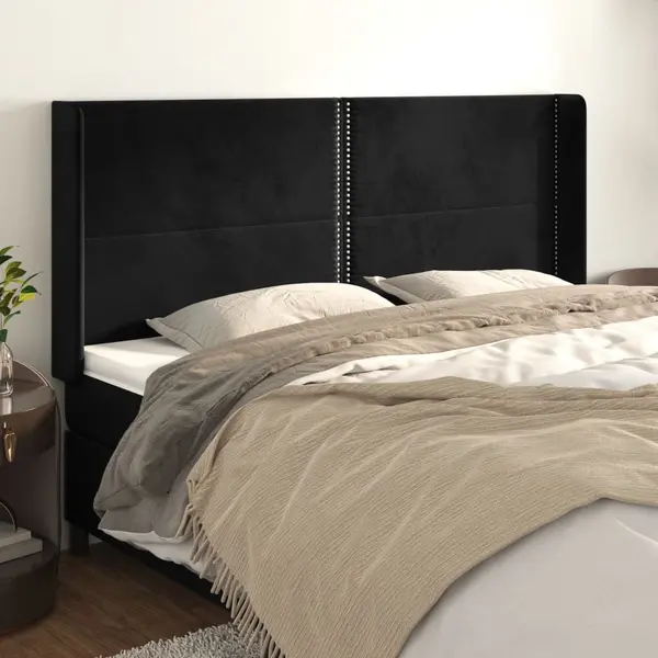 Gossi tablie de pat cu aripioare, negru, 203x16x118/128 cm, catifea