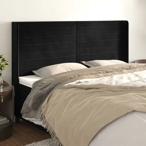 Gossi tablie de pat cu aripioare, negru, 203x16x118/128 cm, catifea