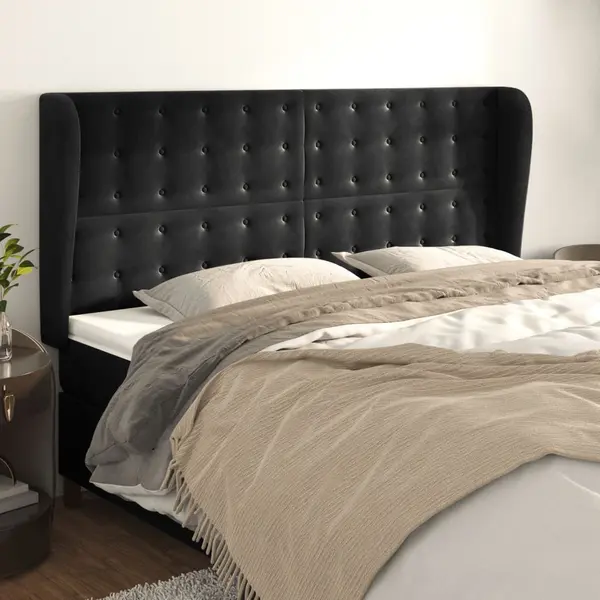 Gossi tablie de pat cu aripioare, negru, 203x23x118/128 cm, catifea