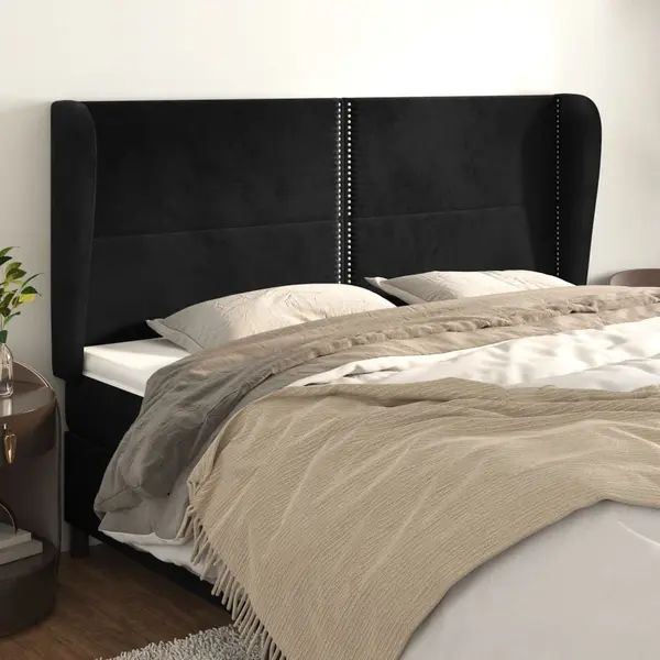 Gossi tablie de pat cu aripioare, negru, 203x23x118/128 cm, catifea