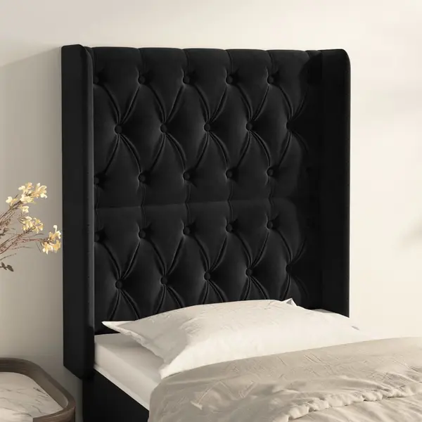Gossi tablie de pat cu aripioare, negru, 83x16x118/128 cm, catifea