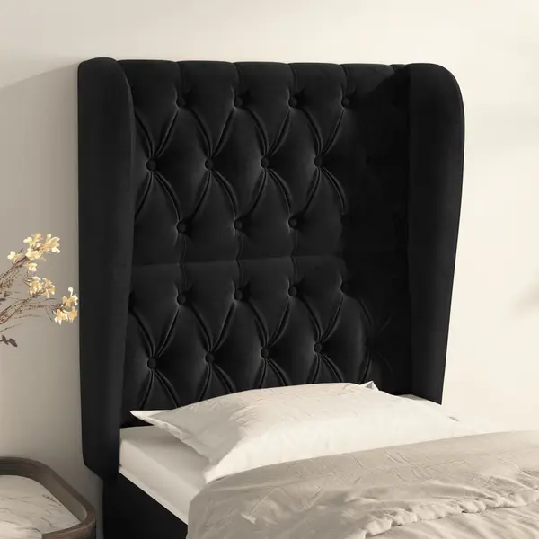 Gossi tablie de pat cu aripioare, negru, 83x23x118/128 cm, catifea