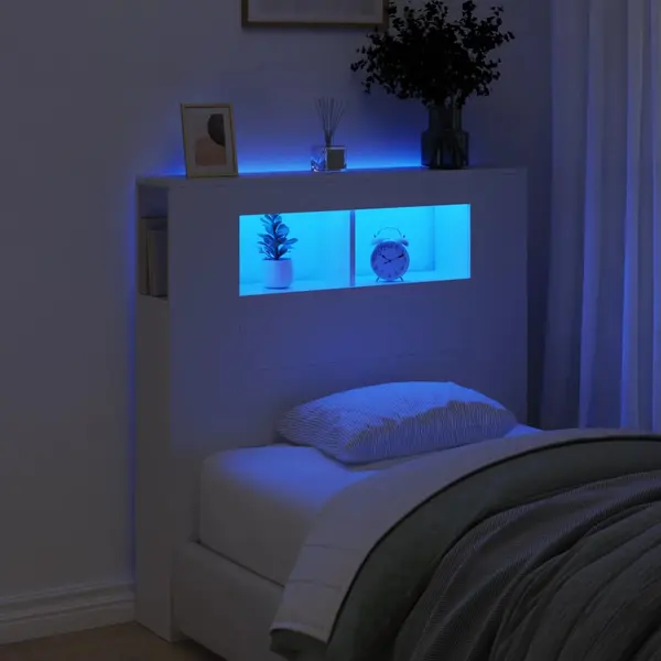 Gossi tablie de pat cu led, alb, 100x18,5x103,5 cm, lemn