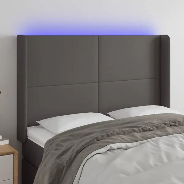 Gossi tablie de pat cu led, gri, 147x16x118/128 cm, piele ecologica