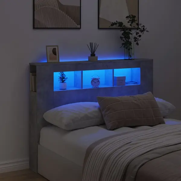 Gossi tablie de pat cu led, gri beton, 140x18,5x103,5 cm, lemn
