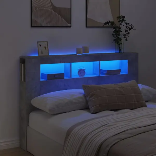 Gossi tablie de pat cu led, gri beton, 160x18,5x103,5 cm, lemn