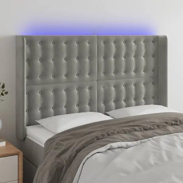 Gossi tablie de pat cu led, gri deschis, 147x16x118/128 cm, catifea