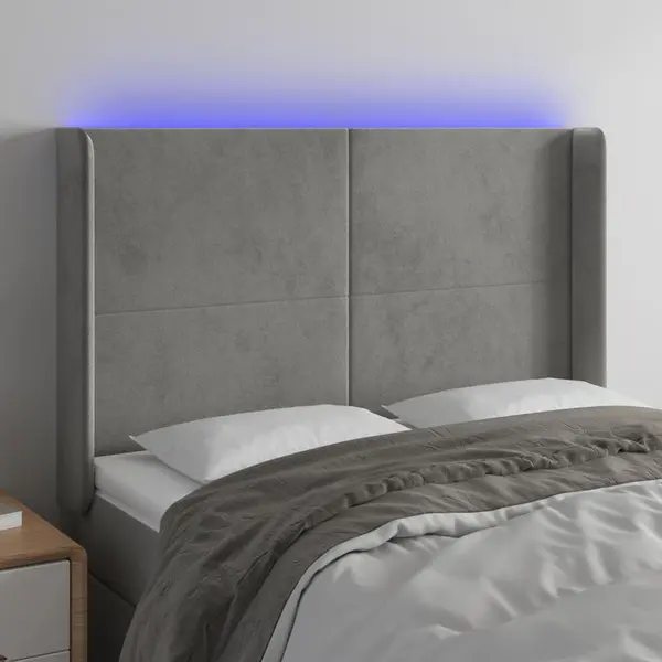 Gossi tablie de pat cu led, gri deschis, 147x16x118/128 cm, catifea