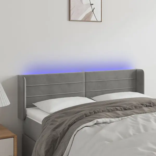 Gossi tablie de pat cu led, gri deschis, 147x16x78/88 cm, catifea