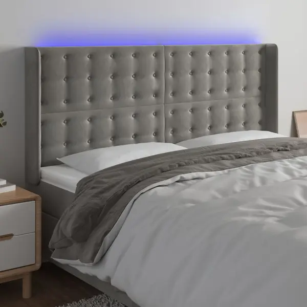 Gossi tablie de pat cu led, gri deschis, 163x16x118/128 cm, catifea