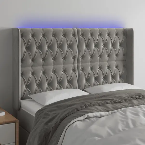 Gossi tablie de pat cu led, gri deschis, 163x16x118/128 cm, catifea