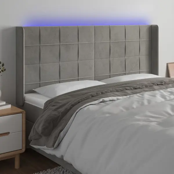 Gossi tablie de pat cu led, gri deschis, 183x16x118/128 cm, catifea