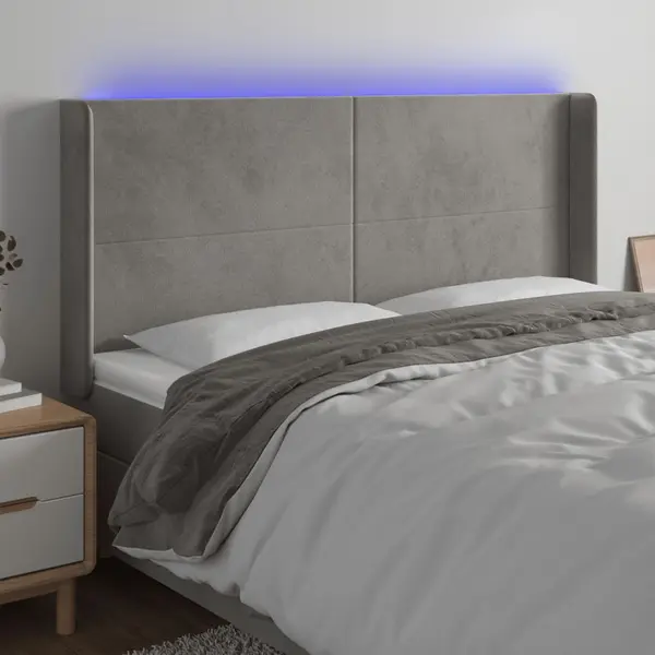 Gossi tablie de pat cu led, gri deschis, 183x16x118/128 cm, catifea