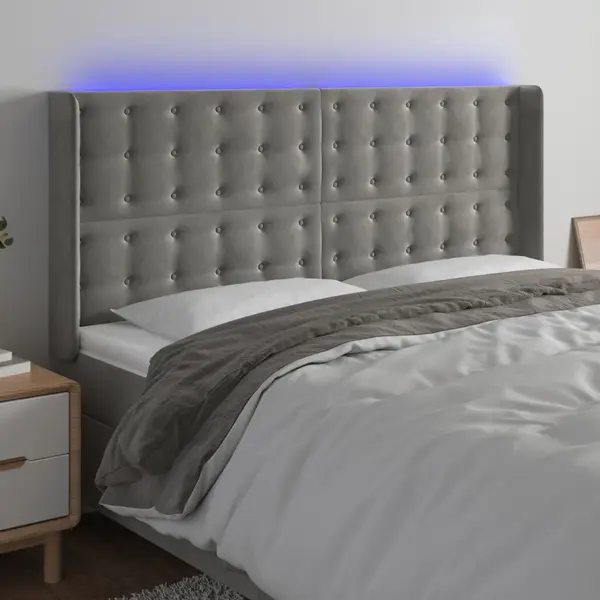 Gossi tablie de pat cu led, gri deschis, 203x16x118/128 cm, catifea