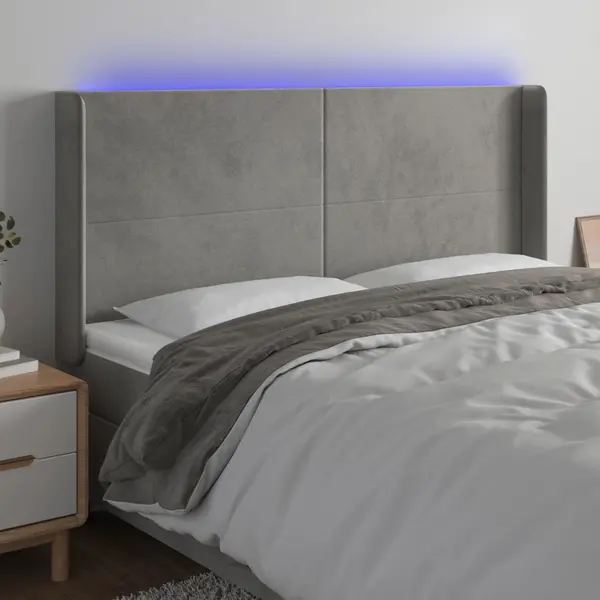 Gossi tablie de pat cu led, gri deschis, 203x16x118/128 cm, catifea