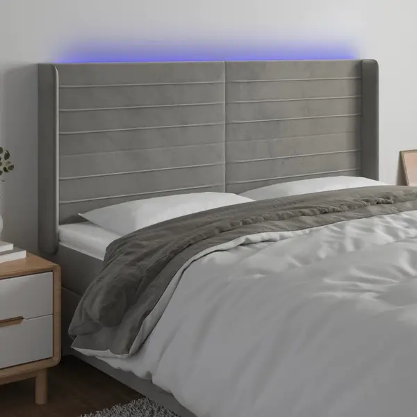 Gossi tablie de pat cu led, gri deschis, 203x16x118/128 cm, catifea