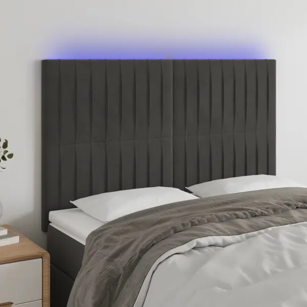 Gossi tablie de pat cu led, gri inchis, 144x5x118/128 cm, catifea