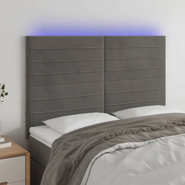 Gossi tablie de pat cu led, gri inchis, 144x5x118/128 cm, catifea