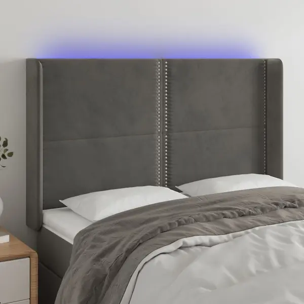 Gossi tablie de pat cu led, gri inchis, 147x16x118/128 cm, catifea