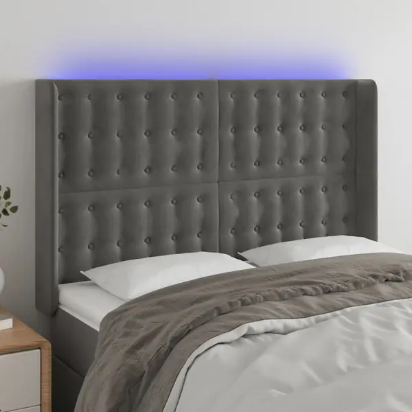 Gossi tablie de pat cu led, gri inchis, 147x16x118/128 cm, catifea