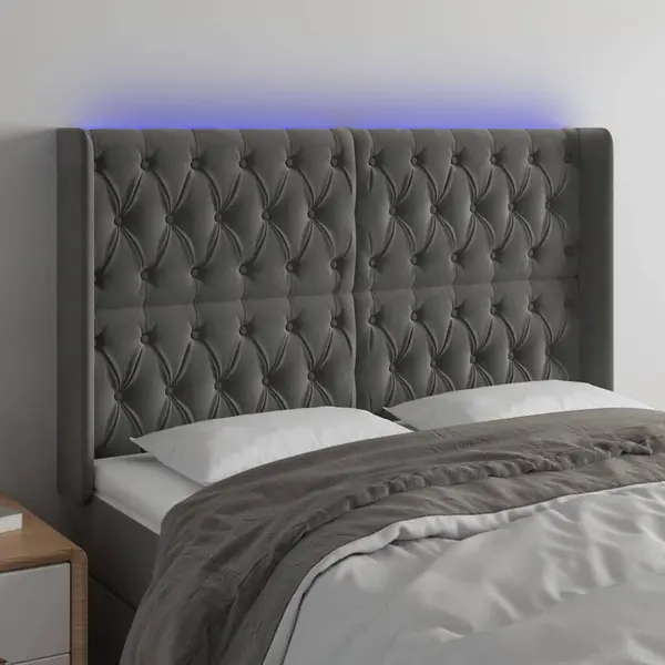 Gossi tablie de pat cu led, gri inchis, 147x16x118/128 cm, catifea