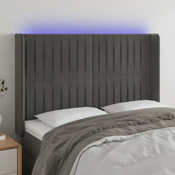 Gossi tablie de pat cu led, gri inchis, 147x16x118/128 cm, catifea