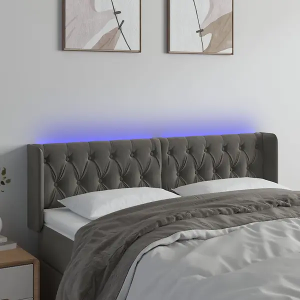 Gossi tablie de pat cu led, gri inchis, 147x16x78/88 cm, catifea