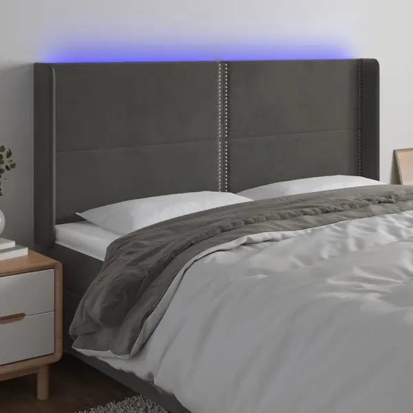Gossi tablie de pat cu led, gri inchis, 163x16x118/128 cm, catifea